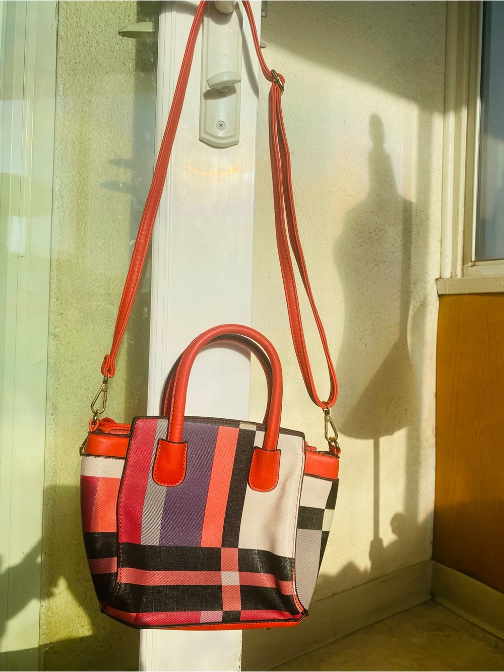 Coral Red Plaid Structured Satchel Crossbody Top Handle Handbag Purse - Picture 4 of 13
